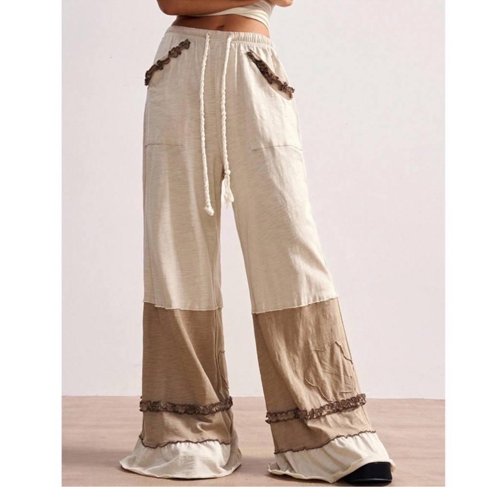 Solid Color Block Stretchy Waist Pockets Wide Leg Pants S M L XL - Picture 3 of 5